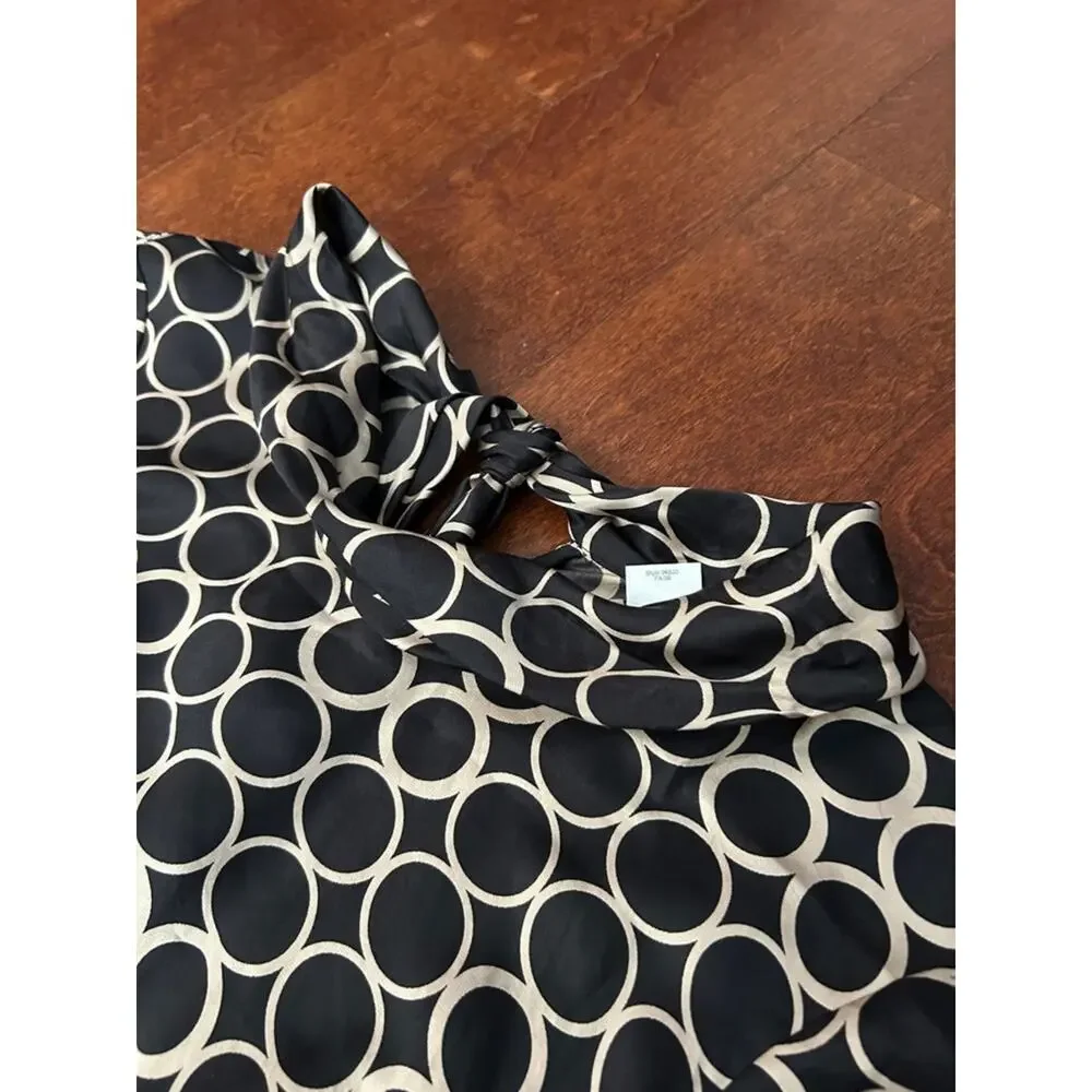 J. Crew 100% Silk Retro 60s Black Shift Dress with Beige Circle Print, Size 6